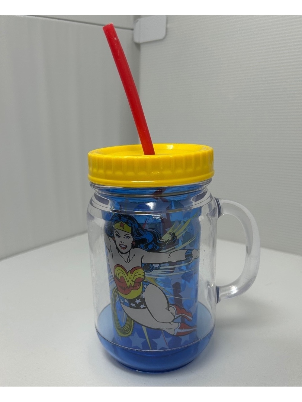Wonder Woman Blue Plastic Jar Cup Mug With Red Straw and Yellow Lid Zak!